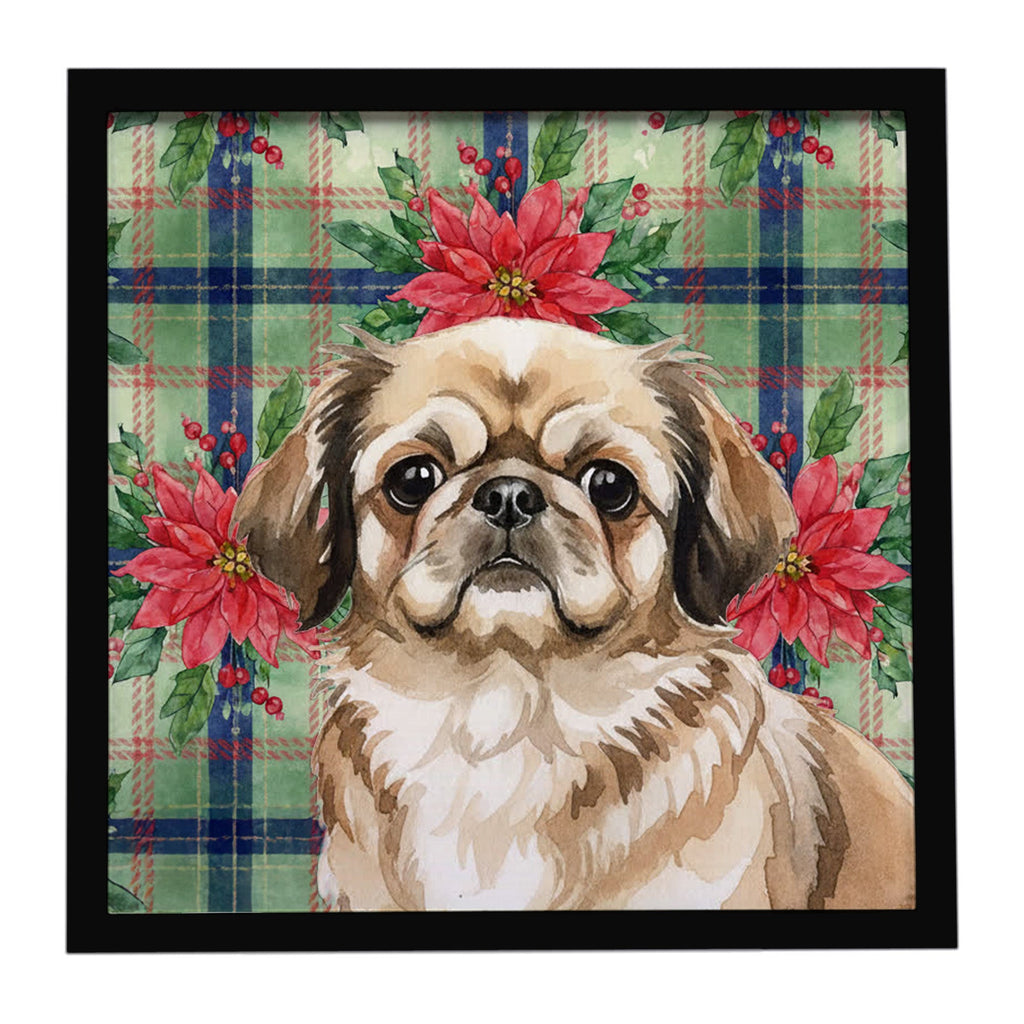Sable Pekingese Christmas PoinsettIas Framed Metal Print Bathroom, Kitchen, Office, Home Decor Wall Art Ready to Hang, Square, 8X8