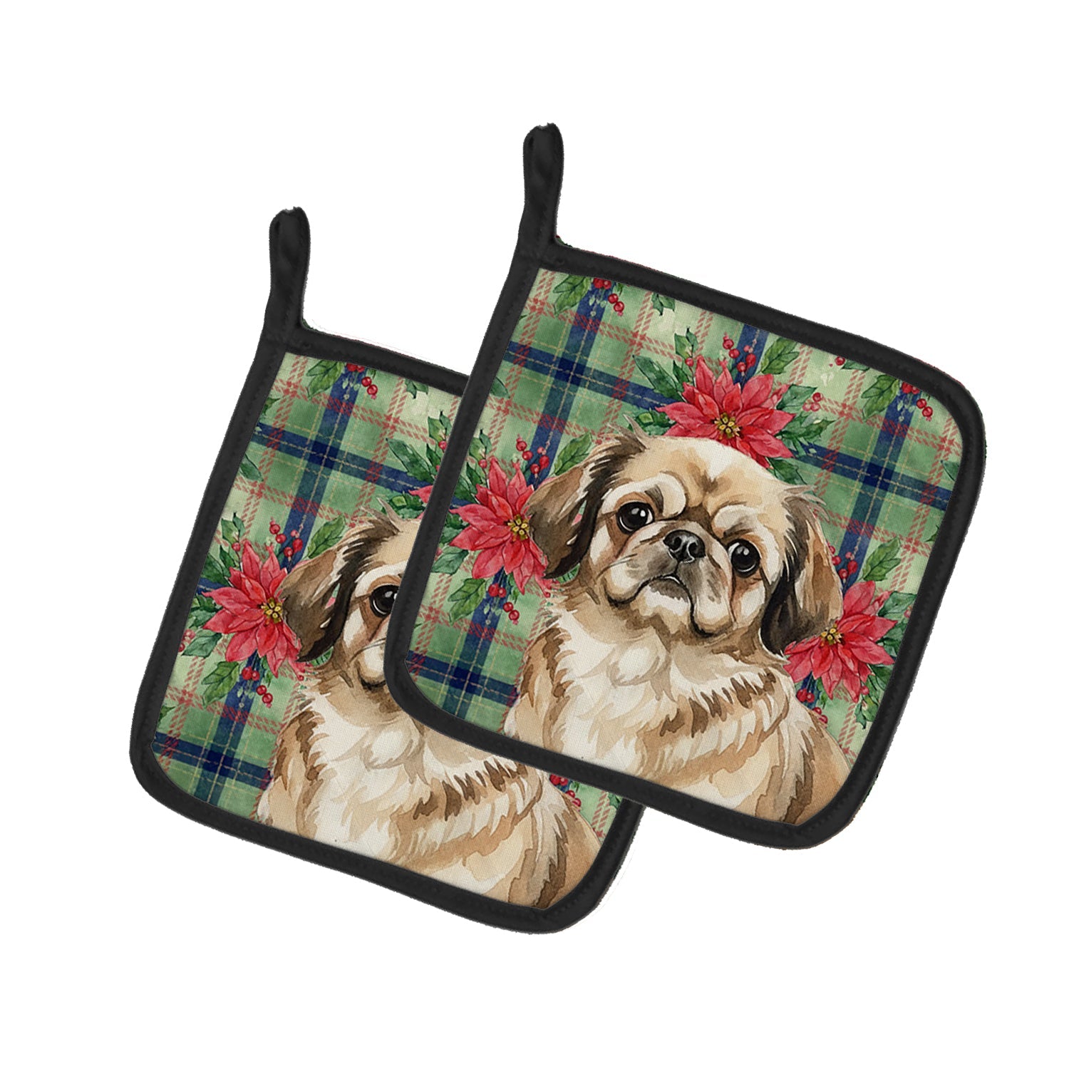 Sable Pekingese Christmas PoinsettIas Pot Holder Set of 2 Heat Resistant Quilted Hot Pads 7.5 x 7.5 Inch, Insulated Kitchen Trivets for Cooking & Baking