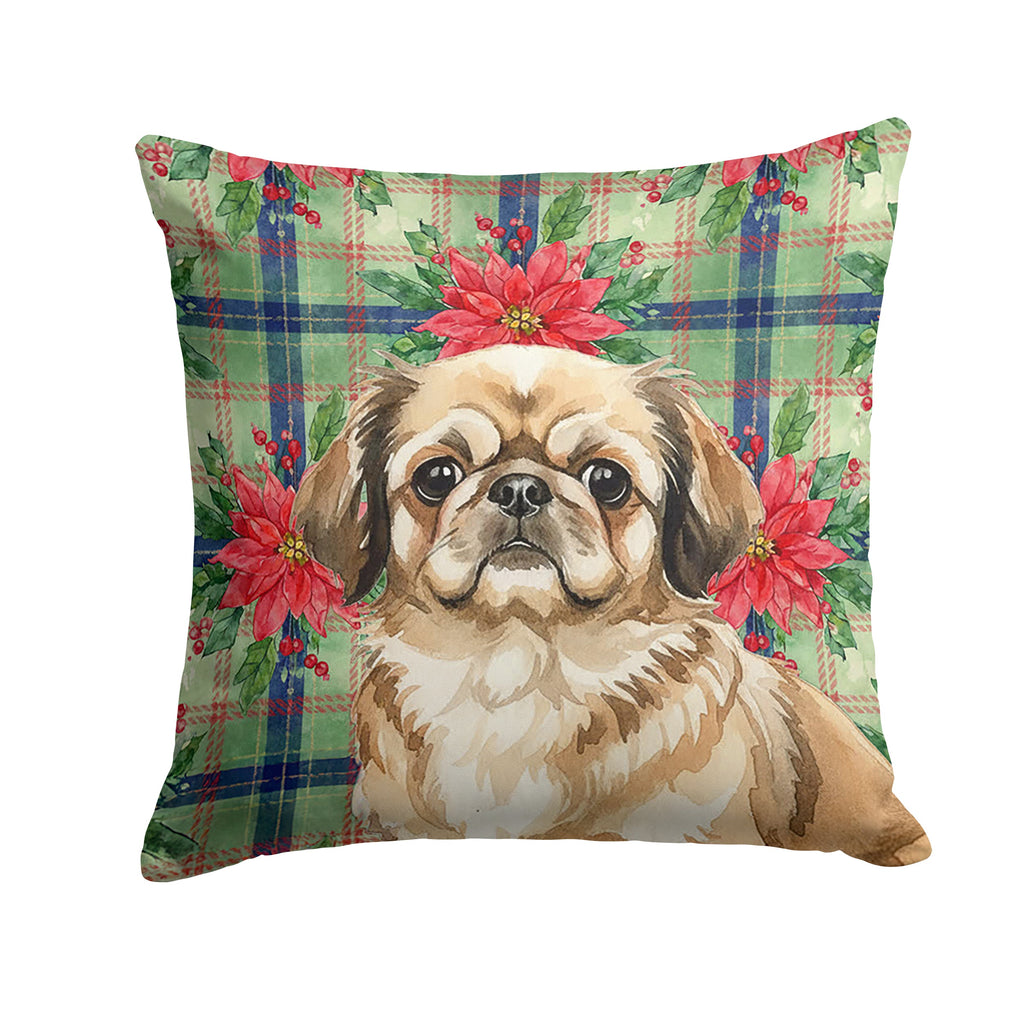 Sable Pekingese Christmas PoinsettIas Decorative Throw Pillow 14x14 Indoor Outdoor Accent Cushion, Fabric Cover with Insert for Sofa, Bed, Porch & Living Room