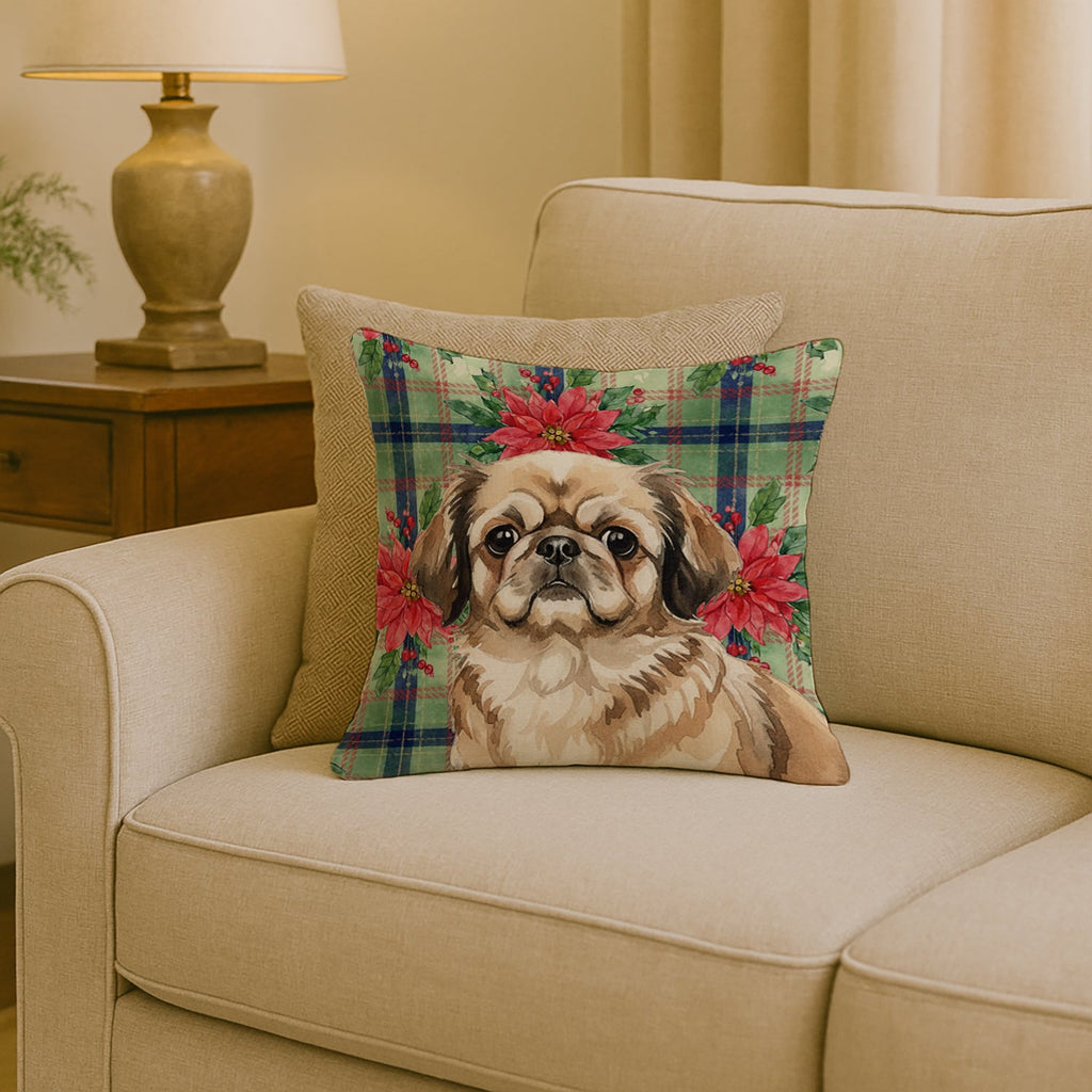 Sable Pekingese Christmas PoinsettIas Decorative Throw Pillow 18x18 Indoor Outdoor Accent Cushion, Fabric Cover with Insert for Sofa, Bed, Porch & Living Room