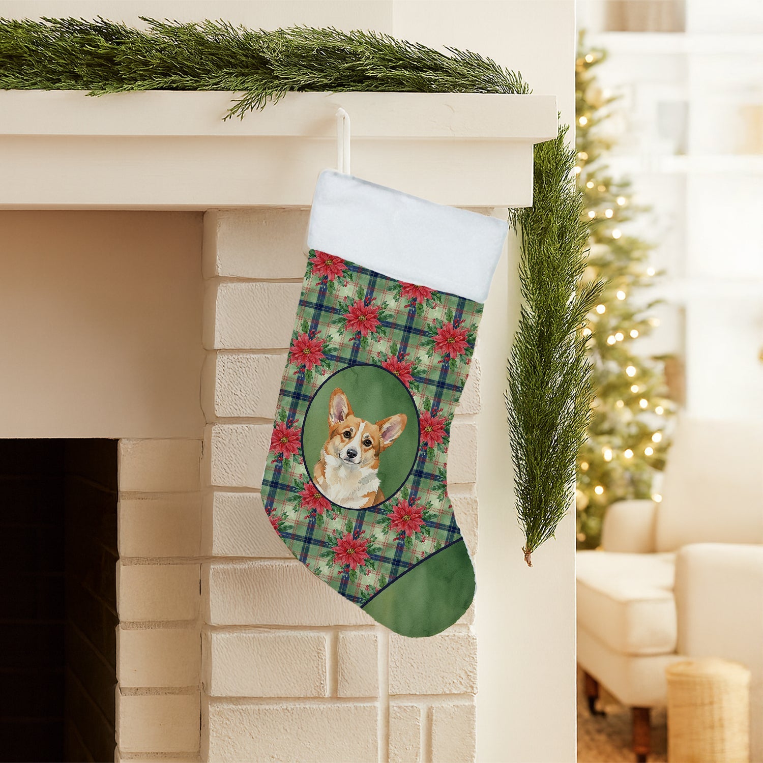 Corgi Christmas PoinsettIas Holiday Stocking Double-Sided Print, Polyester Suede,11x18, Made in USA