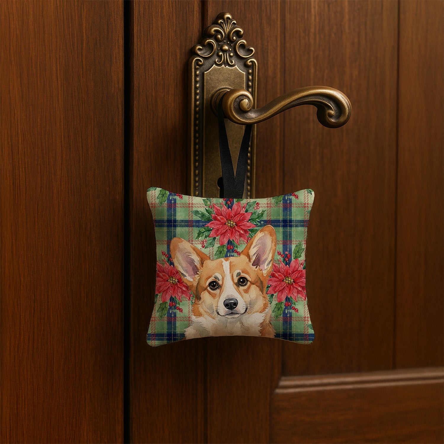 Corgi Christmas PoinsettIas Hanging Square Fabric Ornament 3.5 � 3.5 Decorative Door-Knob & Tree Hanger, Soft Fabric