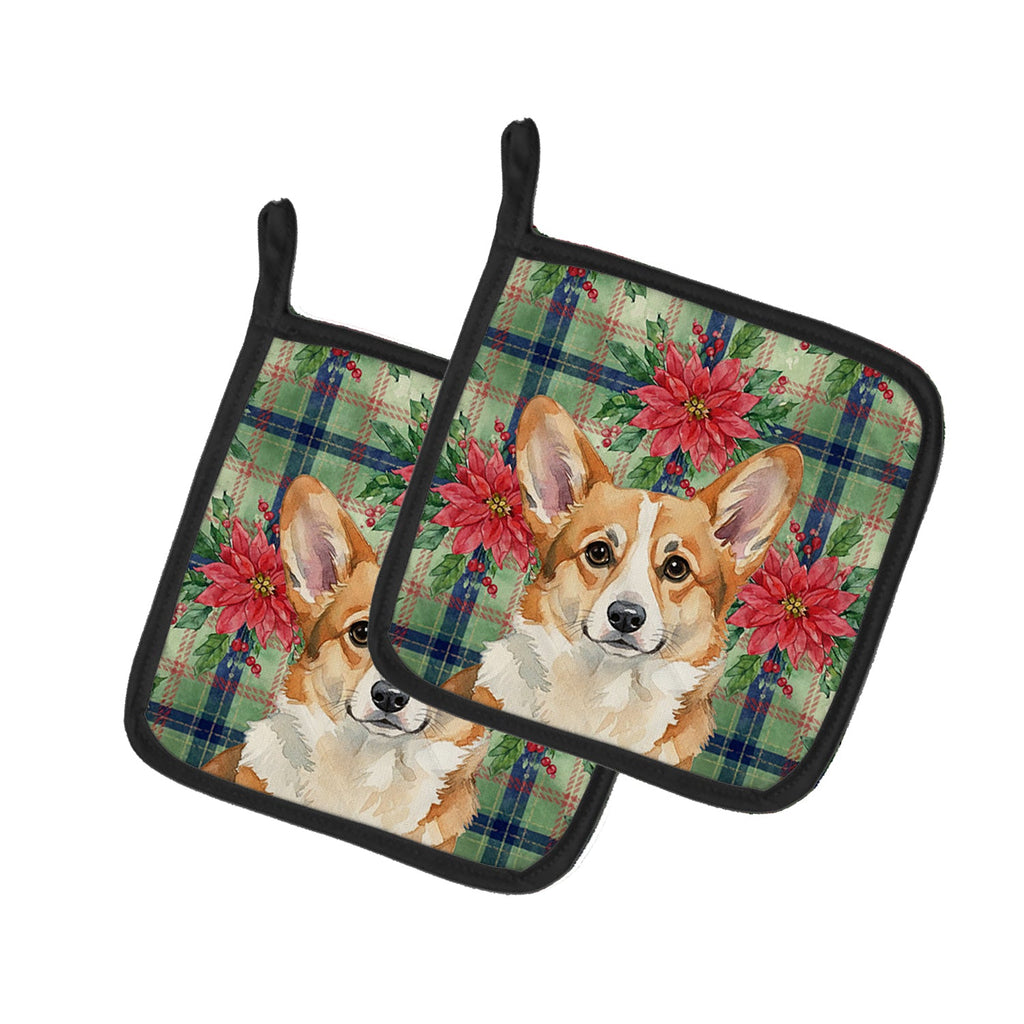 Corgi Christmas PoinsettIas Pot Holder Set of 2 Heat Resistant Quilted Hot Pads 7.5 x 7.5 Inch, Insulated Kitchen Trivets for Cooking & Baking
