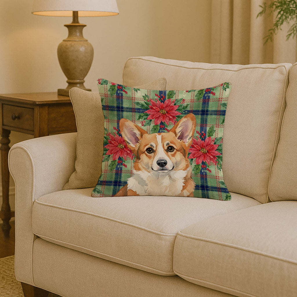 Corgi Christmas PoinsettIas Decorative Throw Pillow 14x14 Indoor Outdoor Accent Cushion, Fabric Cover with Insert for Sofa, Bed, Porch & Living Room