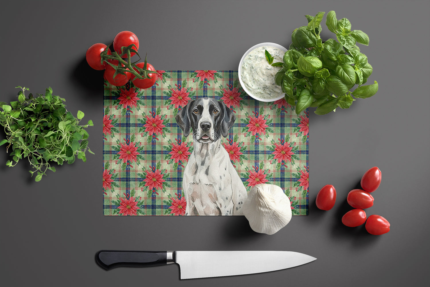 Black and White Pointer Christmas PoinsettIas Cutting Board Tempered Glass Kitchen Cutting Surface, Heat Resistant Chopping, Non-Slip Feet, Food Prep & Serving