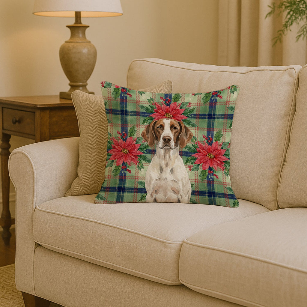 Liver and White Pointer Christmas PoinsettIas Decorative Throw Pillow 14x14 Indoor Outdoor Accent Cushion, Fabric Cover with Insert for Sofa, Bed, Porch & Living Room