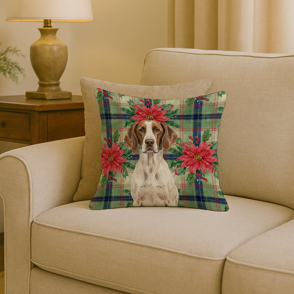 Liver and White Pointer Christmas PoinsettIas Decorative Throw Pillow 18x18 Indoor Outdoor Accent Cushion, Fabric Cover with Insert for Sofa, Bed, Porch & Living Room