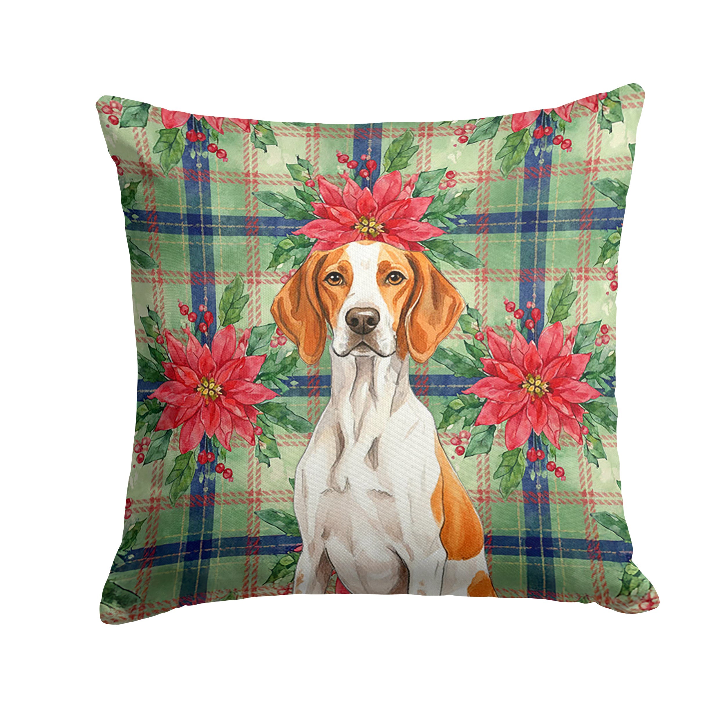 Orange and White Pointer Christmas PoinsettIas Decorative Throw Pillow 14x14 Indoor Outdoor Accent Cushion, Fabric Cover with Insert for Sofa, Bed, Porch & Living Room