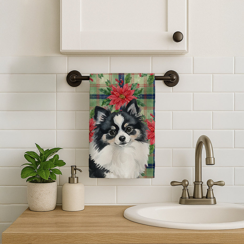 Black and White Pomeranian Christmas PoinsettIas Kitchen Towel Velour Plush Front and Cotton Loop Back Machine Washable