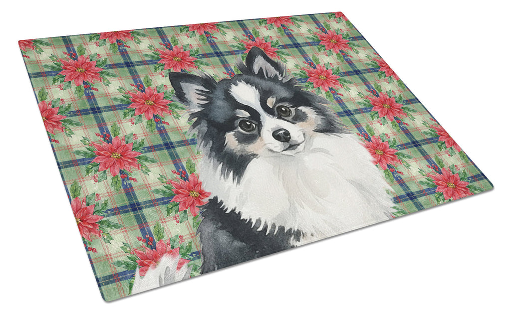 Black and White Pomeranian Christmas PoinsettIas Cutting Board Tempered Glass Kitchen Cutting Surface, Heat Resistant Chopping, Non-Slip Feet, Food Prep & Serving