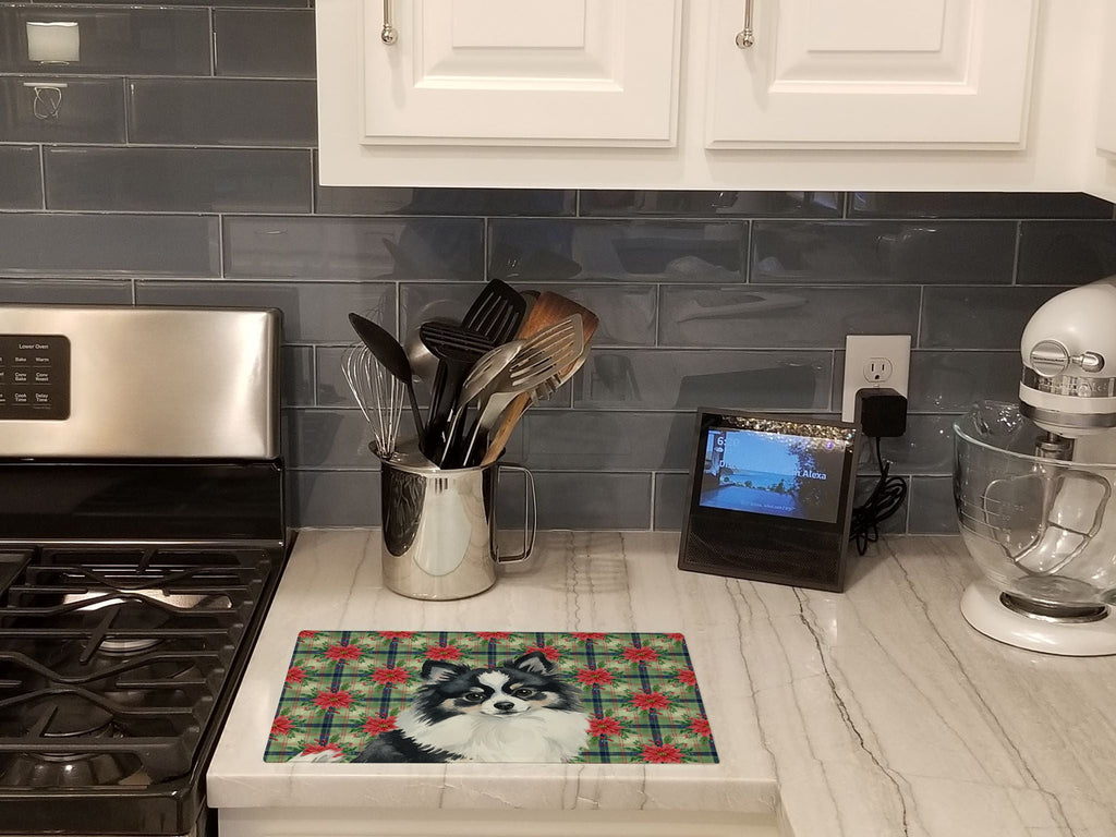 Black and White Pomeranian Christmas PoinsettIas Cutting Board Tempered Glass Kitchen Cutting Surface, Heat Resistant Chopping, Non-Slip Feet, Food Prep & Serving
