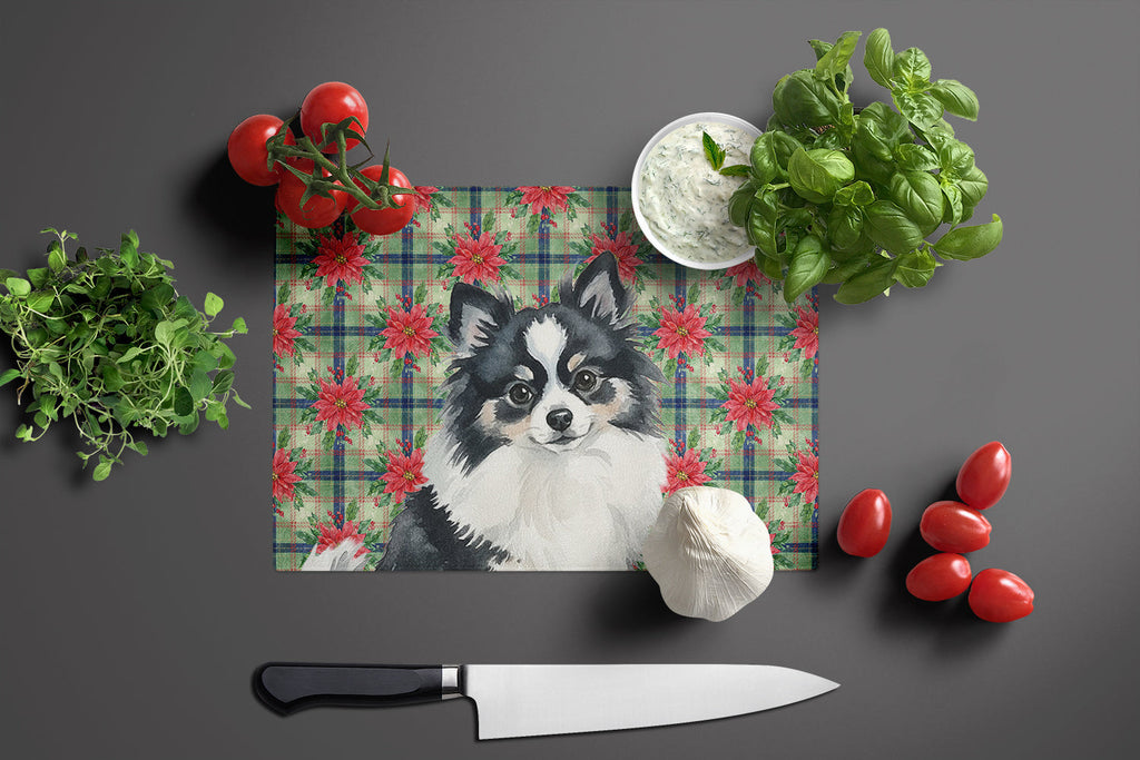 Black and White Pomeranian Christmas PoinsettIas Cutting Board Tempered Glass Kitchen Cutting Surface, Heat Resistant Chopping, Non-Slip Feet, Food Prep & Serving