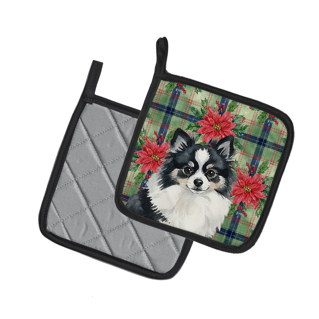 Black and White Pomeranian Christmas PoinsettIas Pot Holder Set of 2 Heat Resistant Quilted Hot Pads 7.5 x 7.5 Inch, Insulated Kitchen Trivets for Cooking & Baking