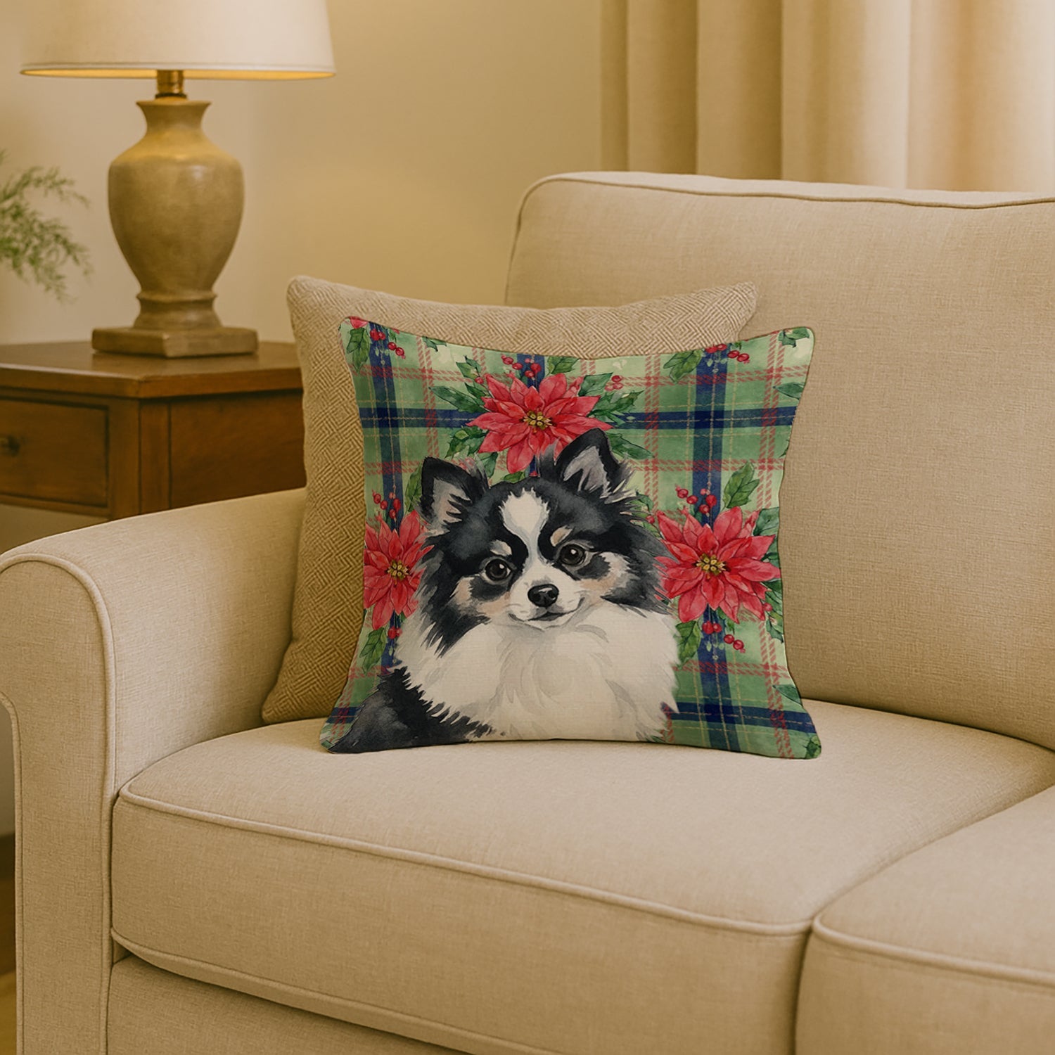 Black and White Pomeranian Christmas PoinsettIas Decorative Throw Pillow 18x18 Indoor Outdoor Accent Cushion, Fabric Cover with Insert for Sofa, Bed, Porch & Living Room