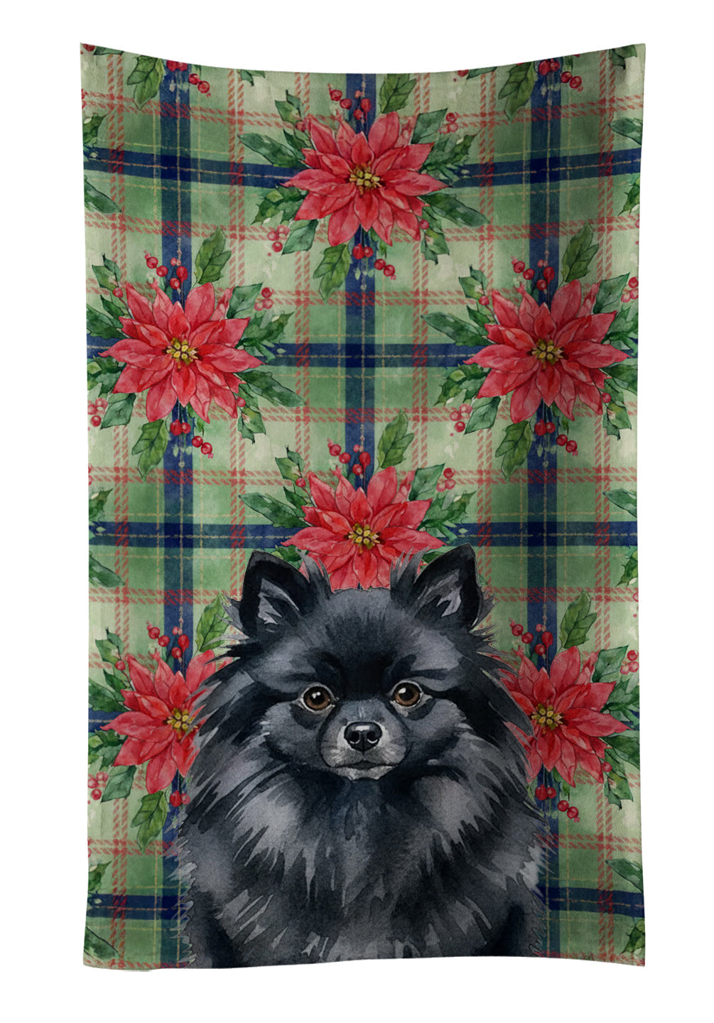 Black Pomeranian Christmas PoinsettIas Kitchen Towel Velour Plush Front and Cotton Loop Back Machine Washable