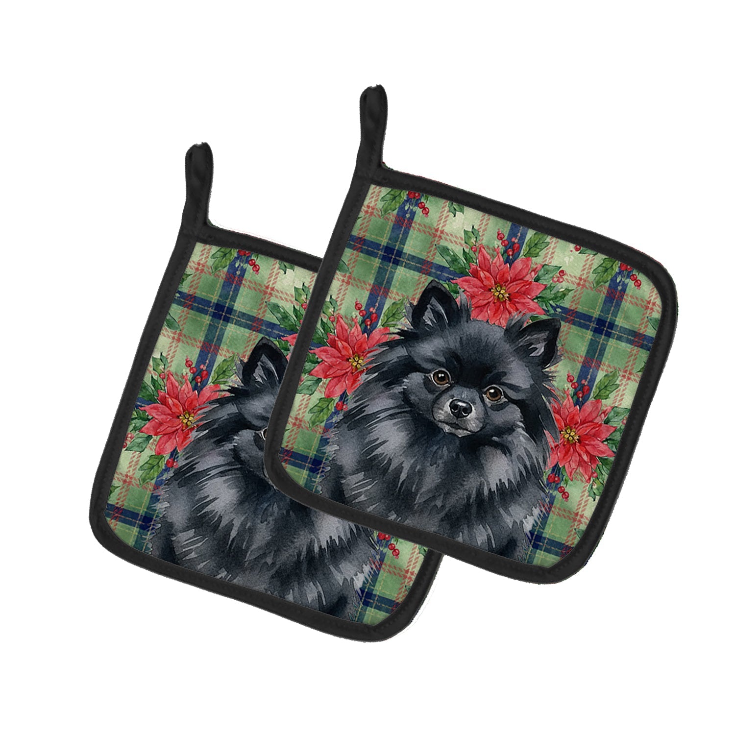 Black Pomeranian Christmas PoinsettIas Pot Holder Set of 2 Heat Resistant Quilted Hot Pads 7.5 x 7.5 Inch, Insulated Kitchen Trivets for Cooking & Baking