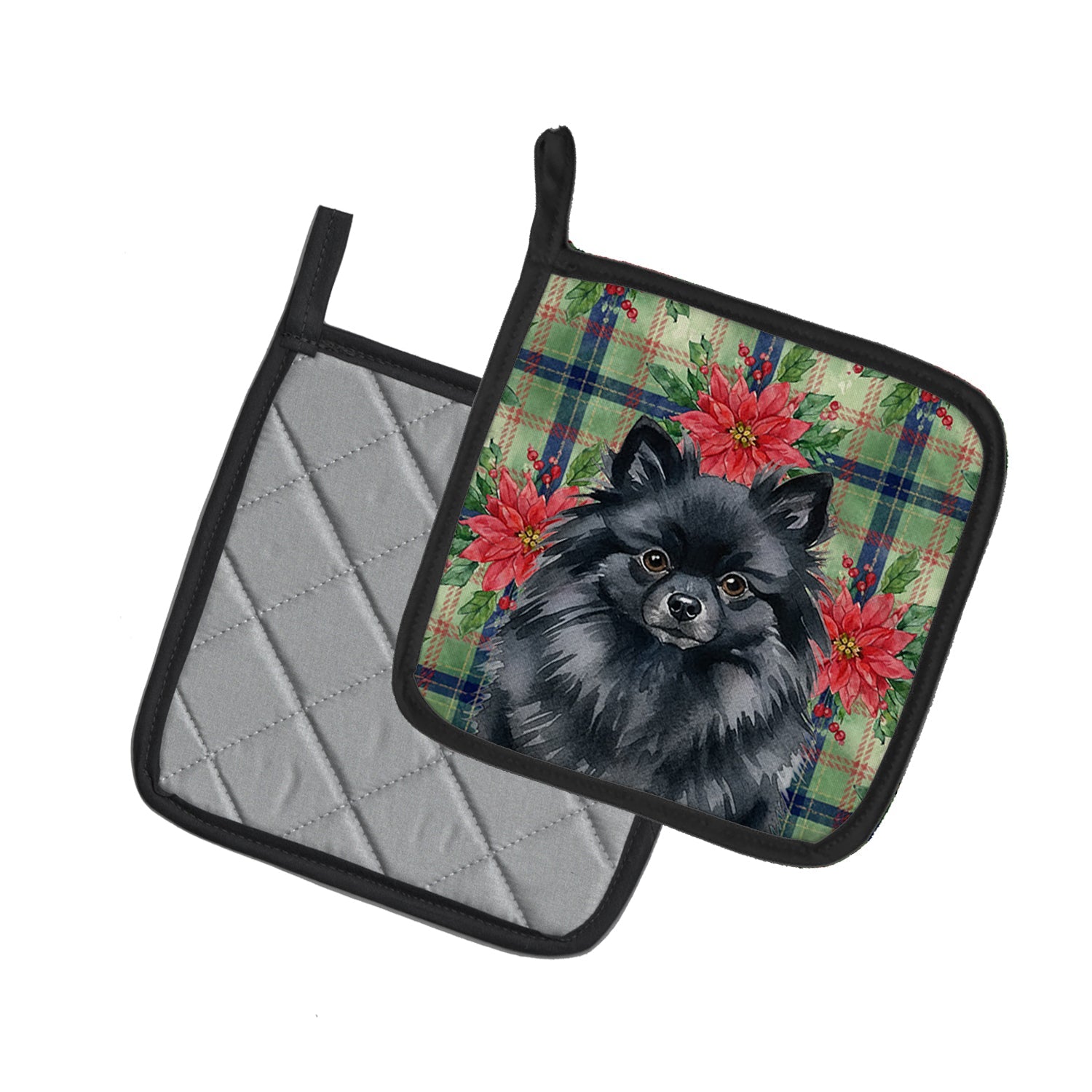 Black Pomeranian Christmas PoinsettIas Pot Holder Set of 2 Heat Resistant Quilted Hot Pads 7.5 x 7.5 Inch, Insulated Kitchen Trivets for Cooking & Baking