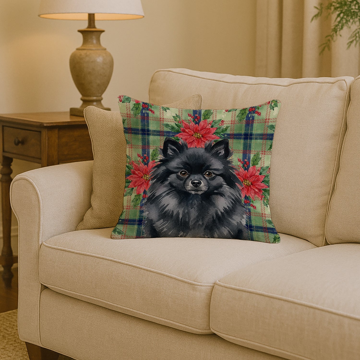 Black Pomeranian Christmas PoinsettIas Decorative Throw Pillow 14x14 Indoor Outdoor Accent Cushion, Fabric Cover with Insert for Sofa, Bed, Porch & Living Room