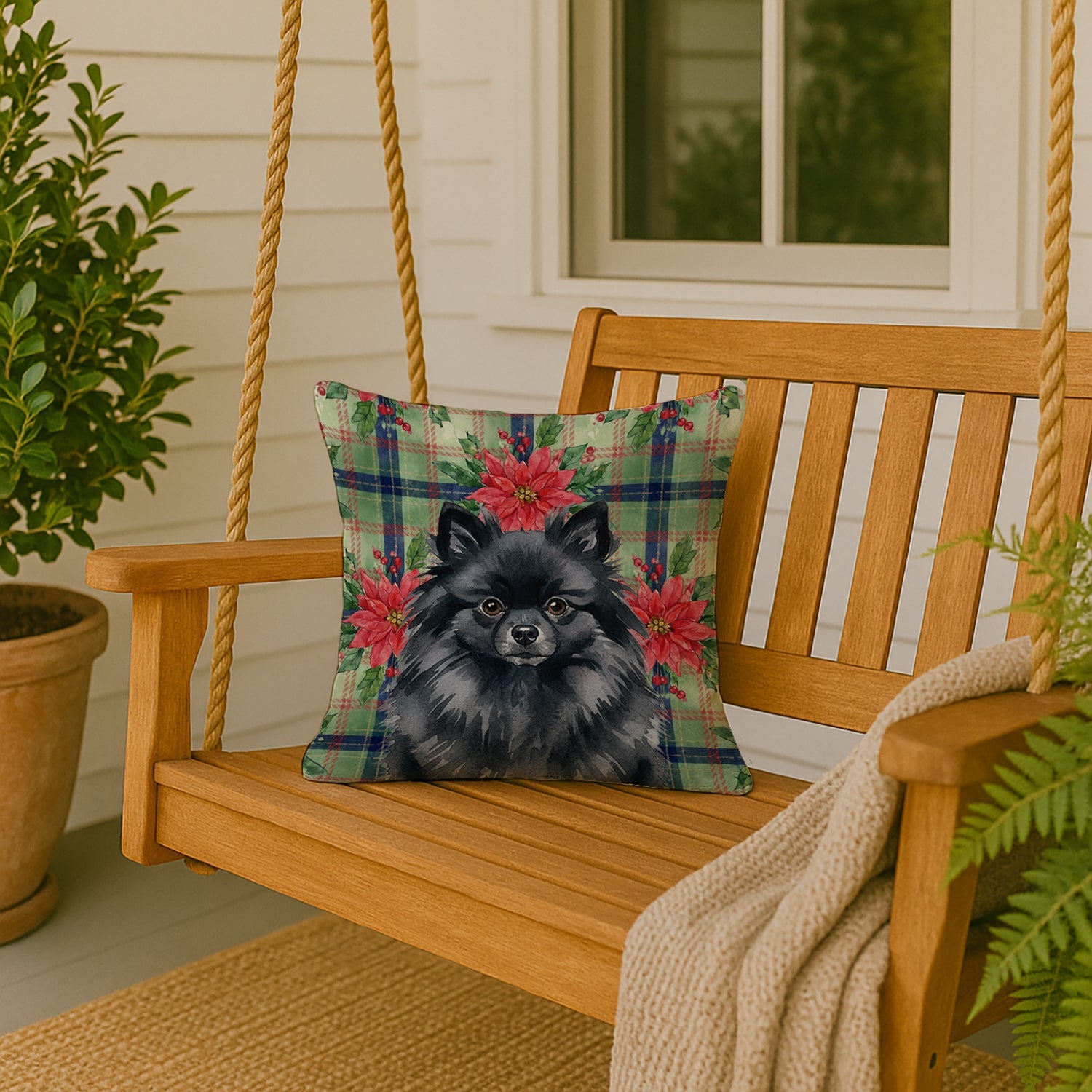 Black Pomeranian Christmas PoinsettIas Decorative Throw Pillow 18x18 Indoor Outdoor Accent Cushion, Fabric Cover with Insert for Sofa, Bed, Porch & Living Room