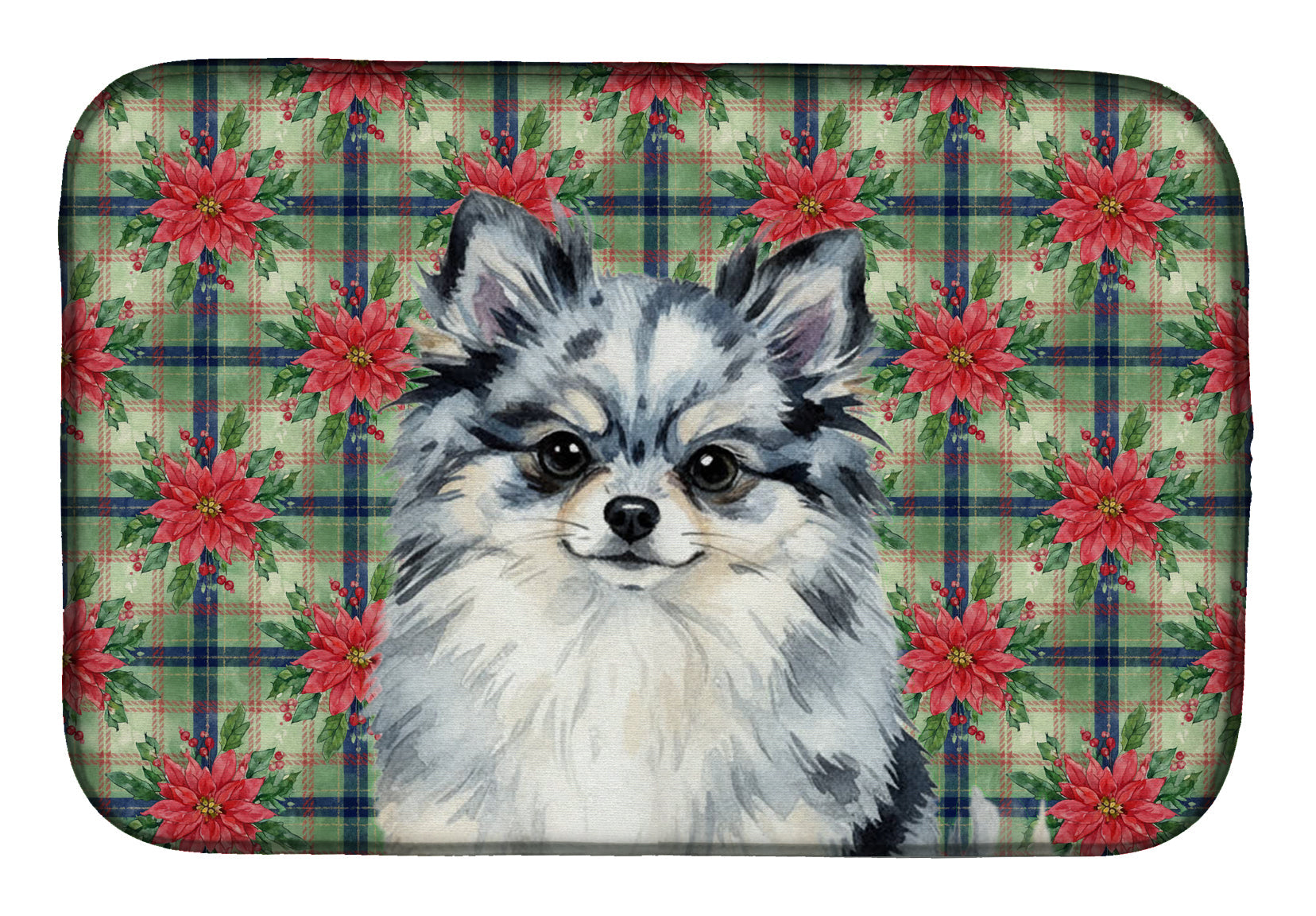 Blue Merle Pomeranian Christmas PoinsettIas Dish Drying Mat Absorbent Dish Drying Mat Pad for Kitchen Counter Dish Drainer Mat for Countertop, 14 x 21", Multicolor