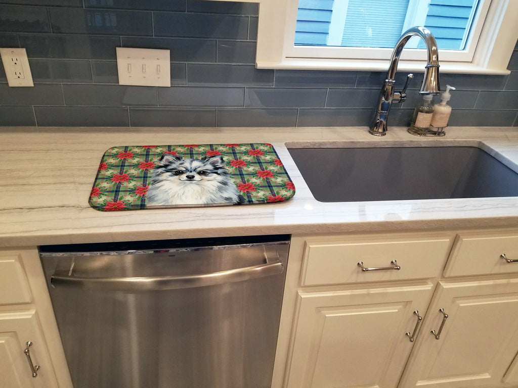 Blue Merle Pomeranian Christmas PoinsettIas Dish Drying Mat Absorbent Dish Drying Mat Pad for Kitchen Counter Dish Drainer Mat for Countertop, 14 x 21", Multicolor