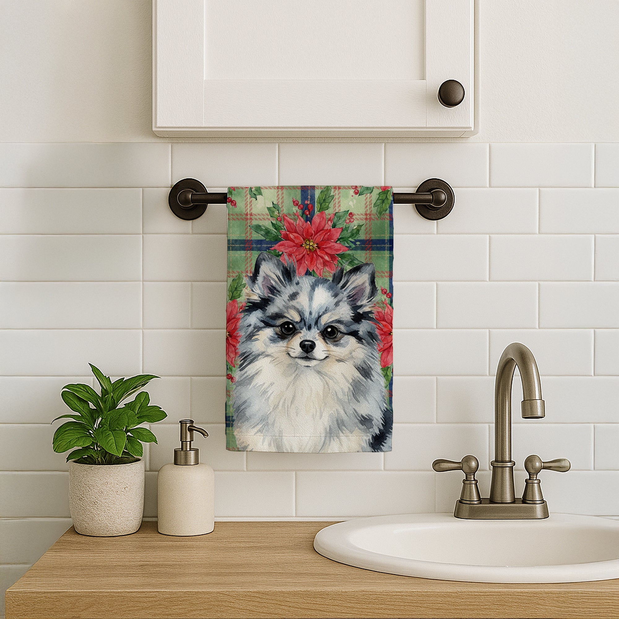 Blue Merle Pomeranian Christmas PoinsettIas Kitchen Towel Velour Plush Front and Cotton Loop Back Machine Washable