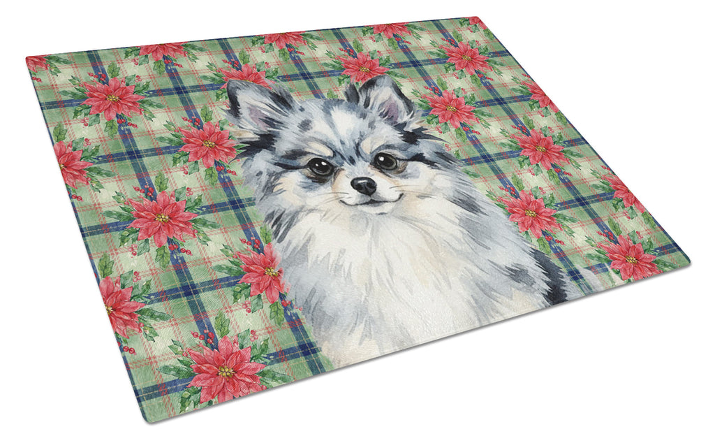 Blue Merle Pomeranian Christmas PoinsettIas Cutting Board Tempered Glass Kitchen Cutting Surface, Heat Resistant Chopping, Non-Slip Feet, Food Prep & Serving