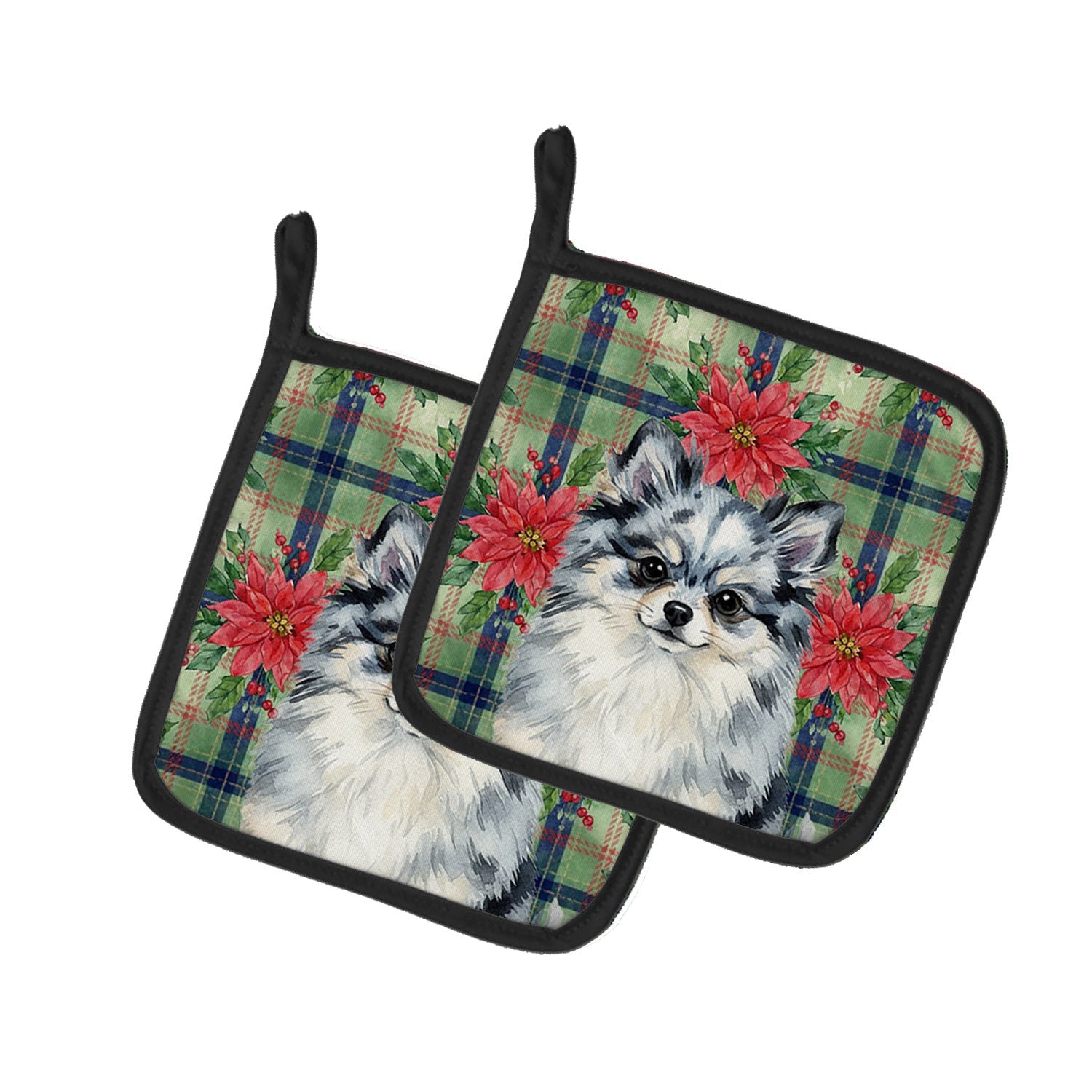 Blue Merle Pomeranian Christmas PoinsettIas Pot Holder Set of 2 Heat Resistant Quilted Hot Pads 7.5 x 7.5 Inch, Insulated Kitchen Trivets for Cooking & Baking