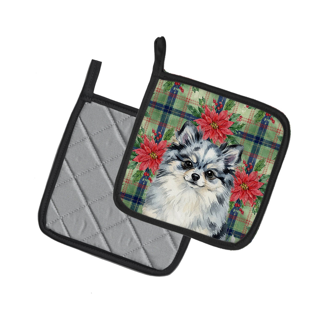 Blue Merle Pomeranian Christmas PoinsettIas Pot Holder Set of 2 Heat Resistant Quilted Hot Pads 7.5 x 7.5 Inch, Insulated Kitchen Trivets for Cooking & Baking