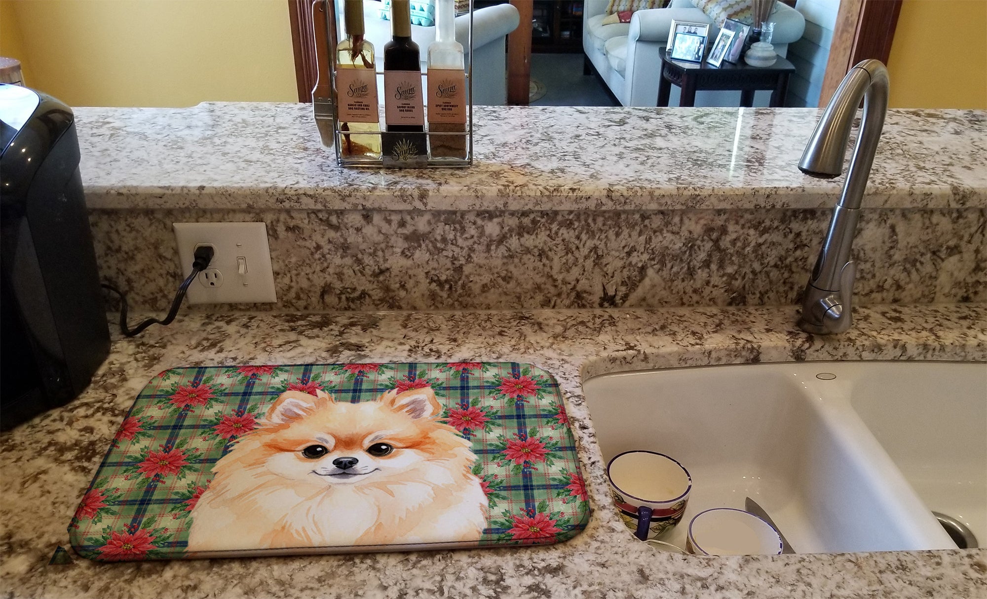 Pomeranian Christmas PoinsettIas Dish Drying Mat Absorbent Dish Drying Mat Pad for Kitchen Counter Dish Drainer Mat for Countertop, 14 x 21", Multicolor