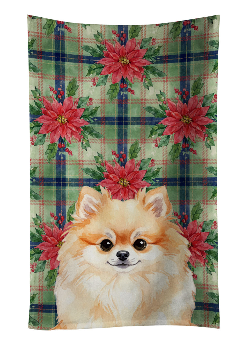 Pomeranian Christmas PoinsettIas Kitchen Towel Velour Plush Front and Cotton Loop Back Machine Washable