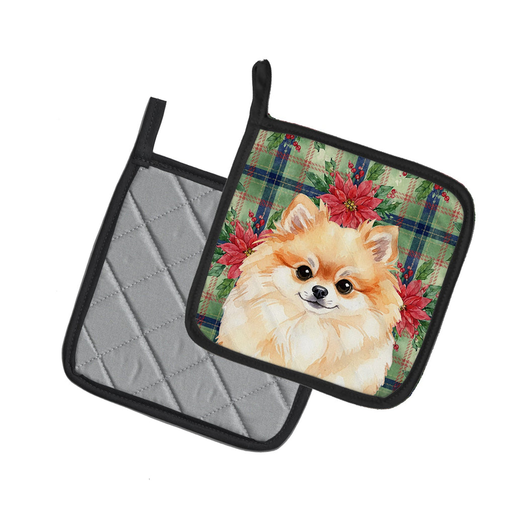 Pomeranian Christmas PoinsettIas Pot Holder Set of 2 Heat Resistant Quilted Hot Pads 7.5 x 7.5 Inch, Insulated Kitchen Trivets for Cooking & Baking