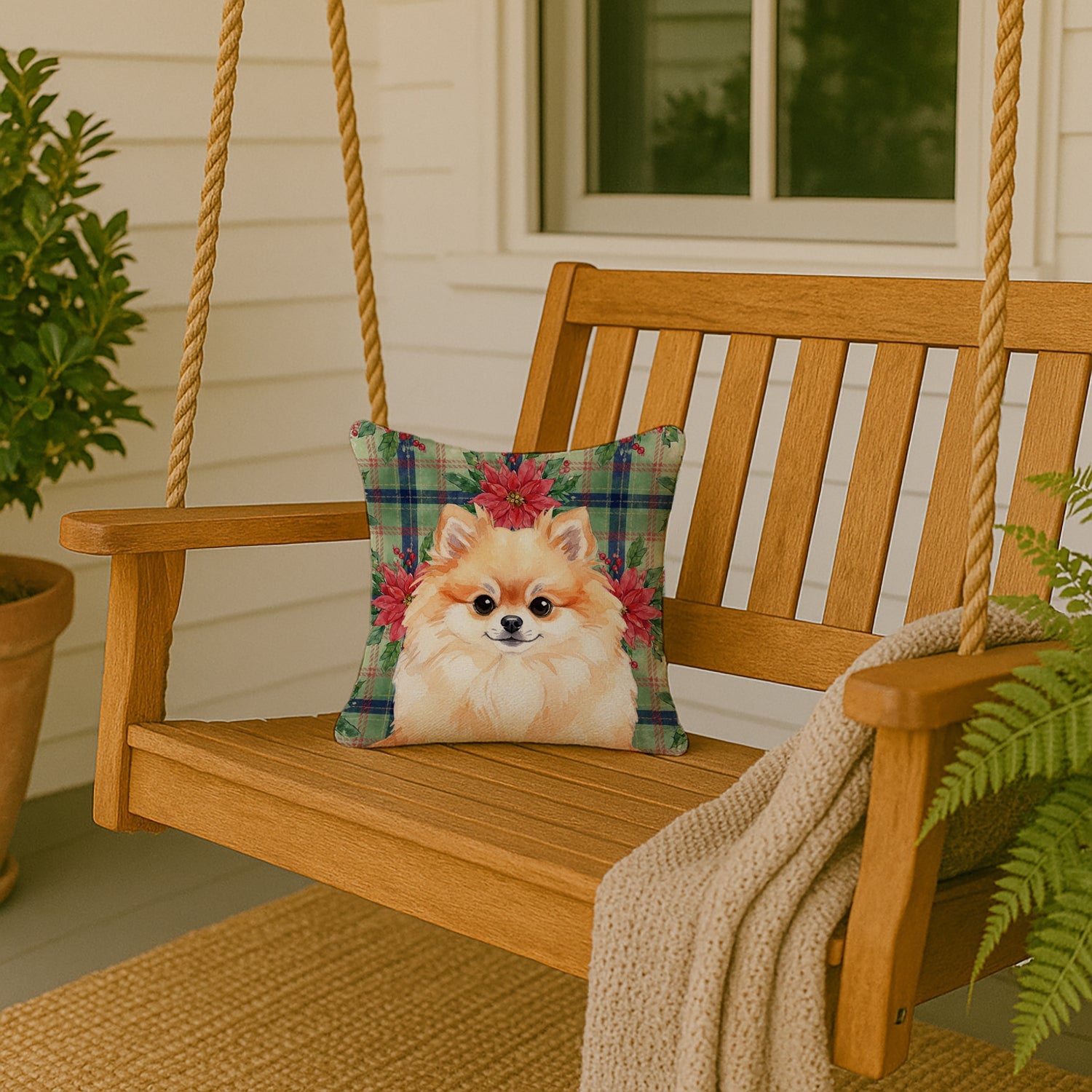 Pomeranian Christmas PoinsettIas Decorative Throw Pillow 14x14 Indoor Outdoor Accent Cushion, Fabric Cover with Insert for Sofa, Bed, Porch & Living Room