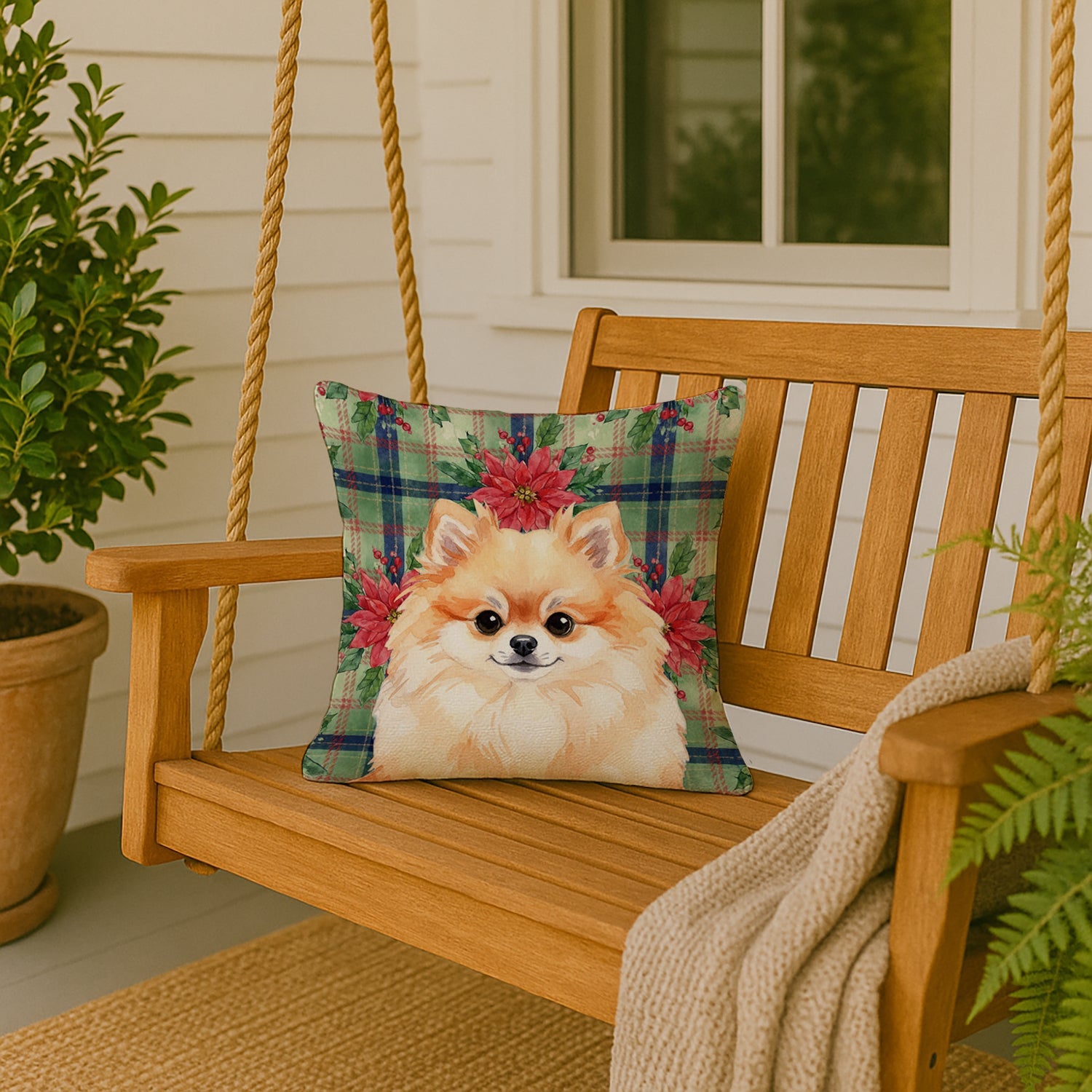 Pomeranian Christmas PoinsettIas Decorative Throw Pillow 18x18 Indoor Outdoor Accent Cushion, Fabric Cover with Insert for Sofa, Bed, Porch & Living Room