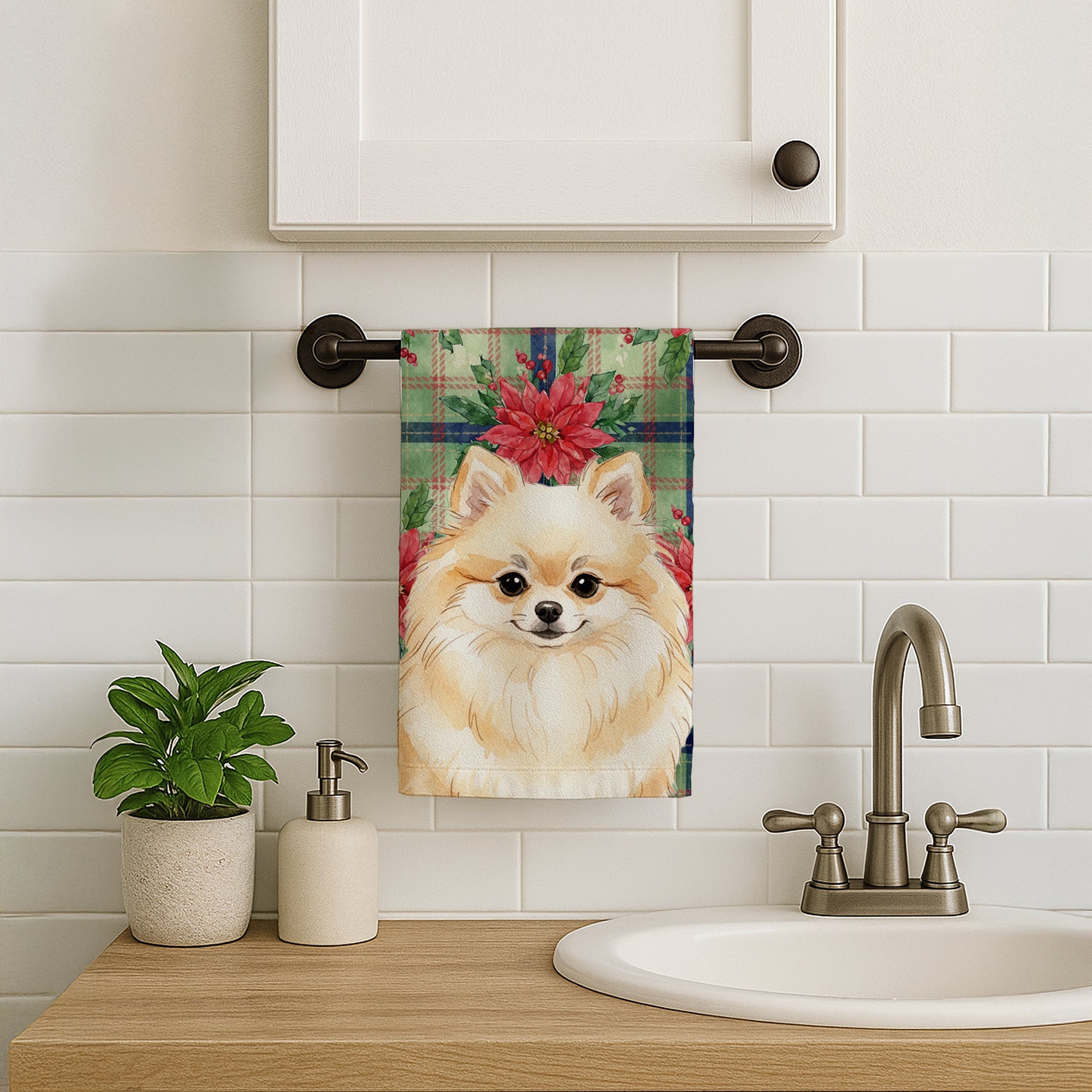 Cream Pomeranian Christmas PoinsettIas Kitchen Towel Velour Plush Front and Cotton Loop Back Machine Washable