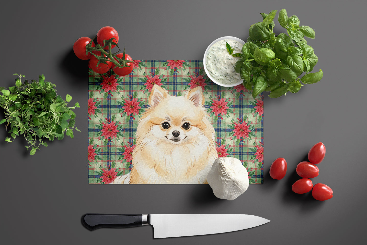 Cream Pomeranian Christmas PoinsettIas Cutting Board Tempered Glass Kitchen Cutting Surface, Heat Resistant Chopping, Non-Slip Feet, Food Prep & Serving