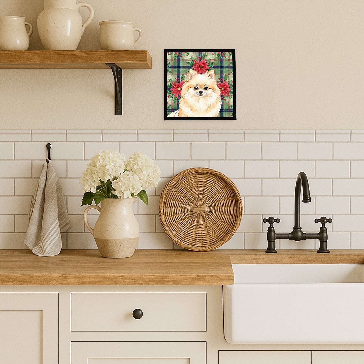 Cream Pomeranian Christmas PoinsettIas Framed Metal Print Bathroom, Kitchen, Office, Home Decor Wall Art Ready to Hang, Square, 8X8