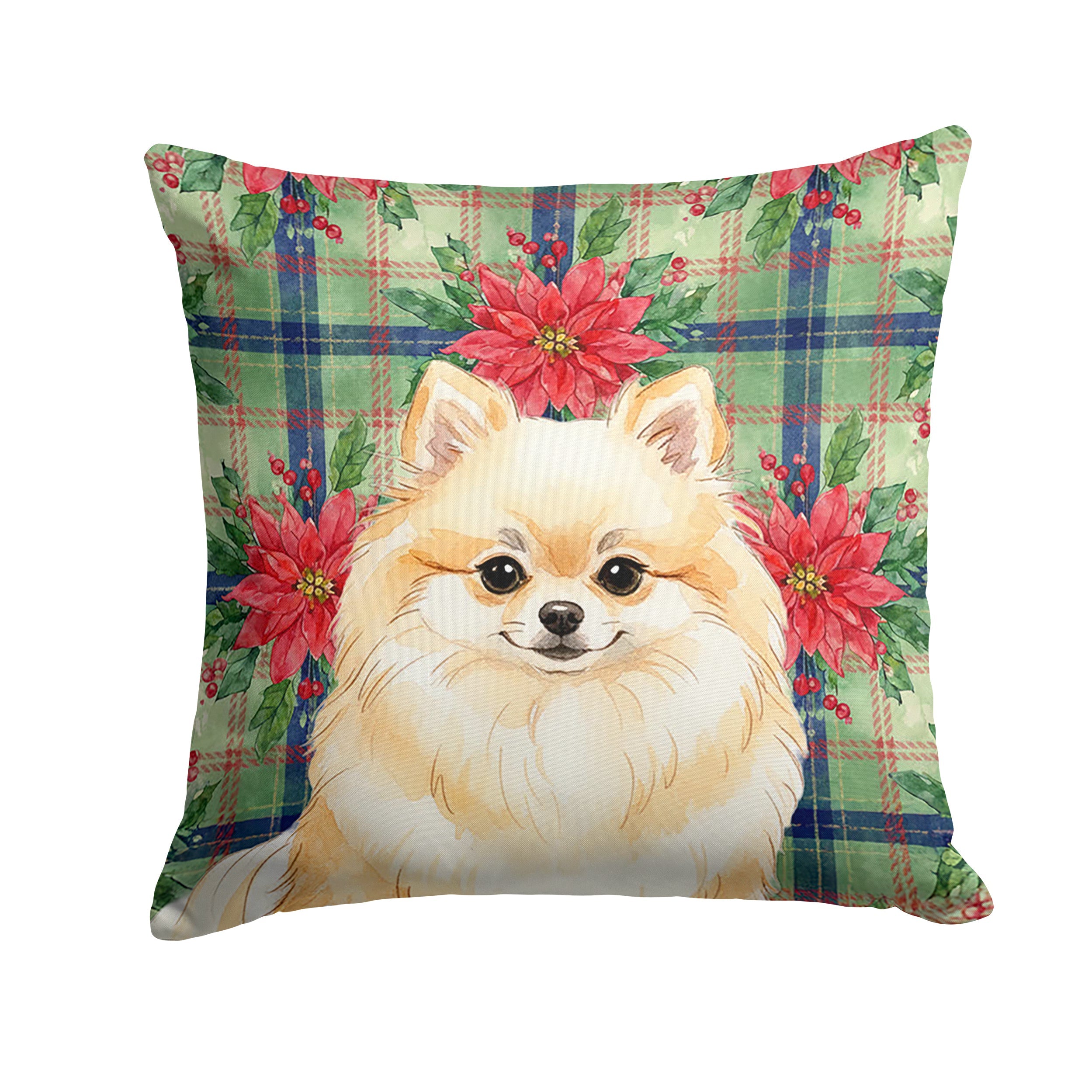 Cream Pomeranian Christmas PoinsettIas Decorative Throw Pillow 14x14 Indoor Outdoor Accent Cushion, Fabric Cover with Insert for Sofa, Bed, Porch & Living Room