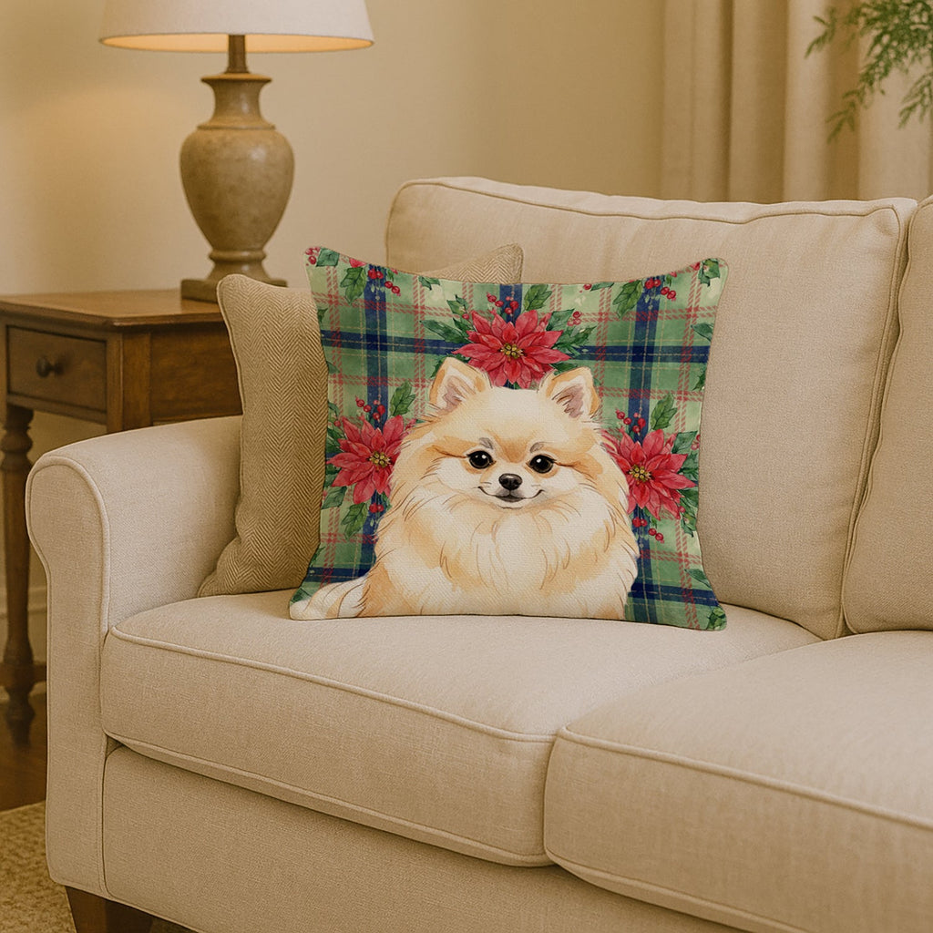 Cream Pomeranian Christmas PoinsettIas Decorative Throw Pillow 14x14 Indoor Outdoor Accent Cushion, Fabric Cover with Insert for Sofa, Bed, Porch & Living Room