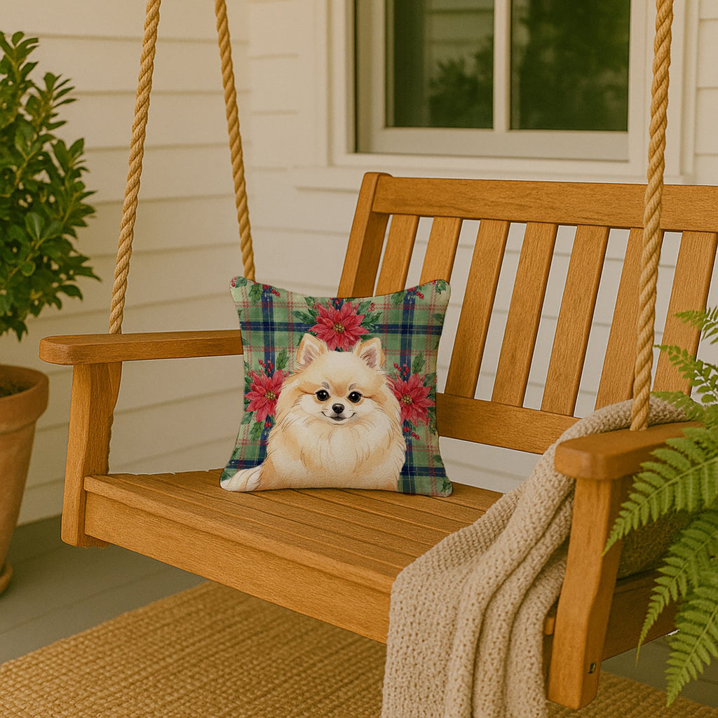 Cream Pomeranian Christmas PoinsettIas Decorative Throw Pillow 14x14 Indoor Outdoor Accent Cushion, Fabric Cover with Insert for Sofa, Bed, Porch & Living Room