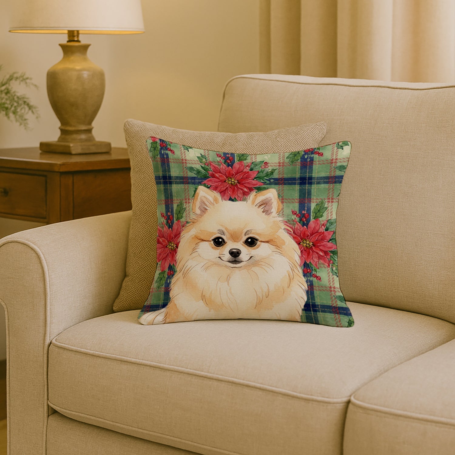 Cream Pomeranian Christmas PoinsettIas Decorative Throw Pillow 18x18 Indoor Outdoor Accent Cushion, Fabric Cover with Insert for Sofa, Bed, Porch & Living Room