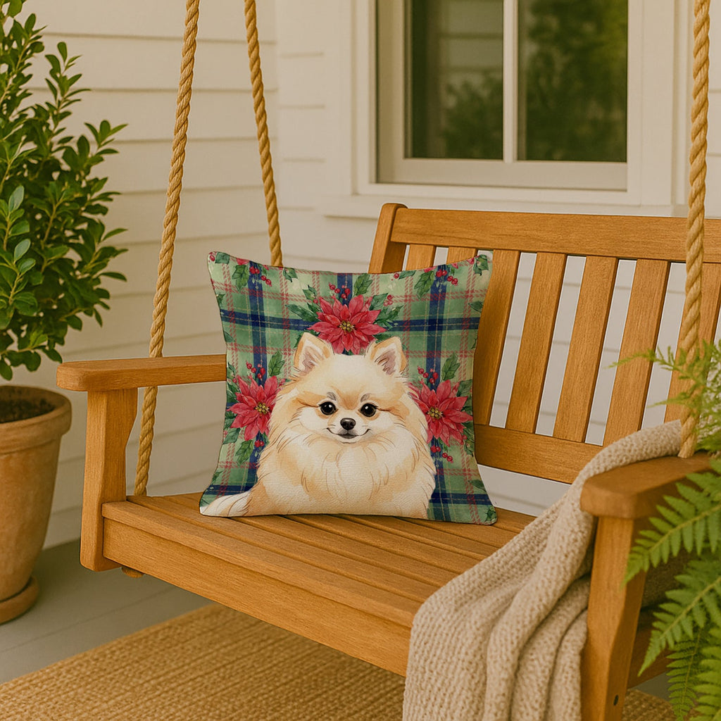 Cream Pomeranian Christmas PoinsettIas Decorative Throw Pillow 18x18 Indoor Outdoor Accent Cushion, Fabric Cover with Insert for Sofa, Bed, Porch & Living Room