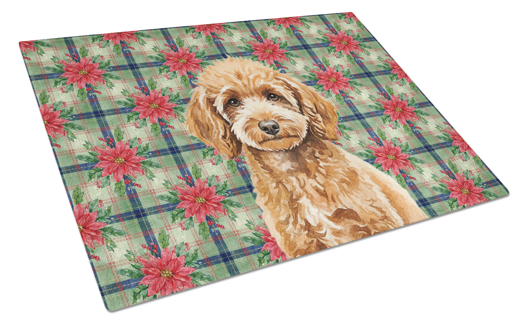 Miniature Apricot Poodle Christmas PoinsettIas Cutting Board Tempered Glass Kitchen Cutting Surface, Heat Resistant Chopping, Non-Slip Feet, Food Prep & Serving