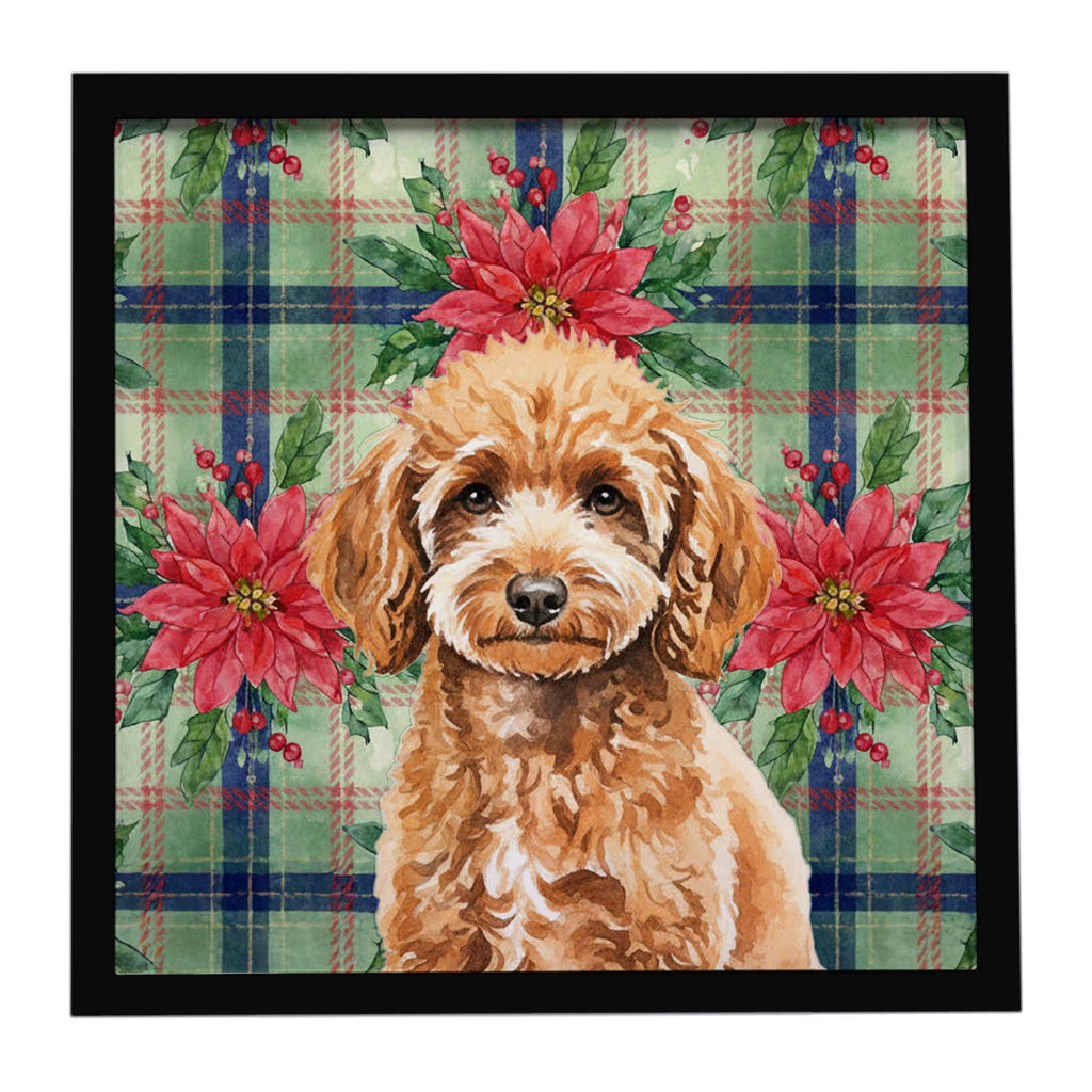 Miniature Apricot Poodle Christmas PoinsettIas Framed Metal Print Bathroom, Kitchen, Office, Home Decor Wall Art Ready to Hang, Square, 8X8