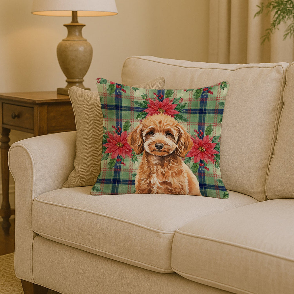 Miniature Apricot Poodle Christmas PoinsettIas Decorative Throw Pillow 14x14 Indoor Outdoor Accent Cushion, Fabric Cover with Insert for Sofa, Bed, Porch & Living Room