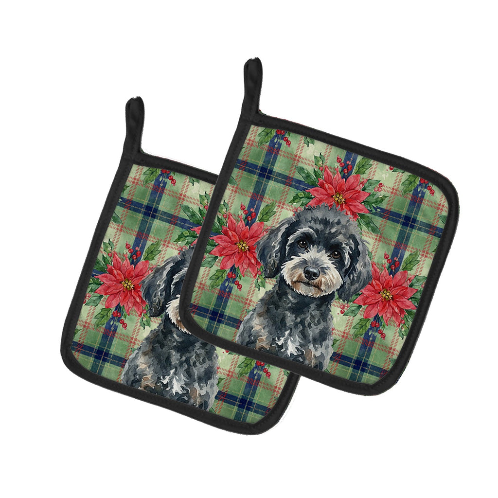 Miniature Black Poodle Christmas PoinsettIas Pot Holder Set of 2 Heat Resistant Quilted Hot Pads 7.5 x 7.5 Inch, Insulated Kitchen Trivets for Cooking & Baking