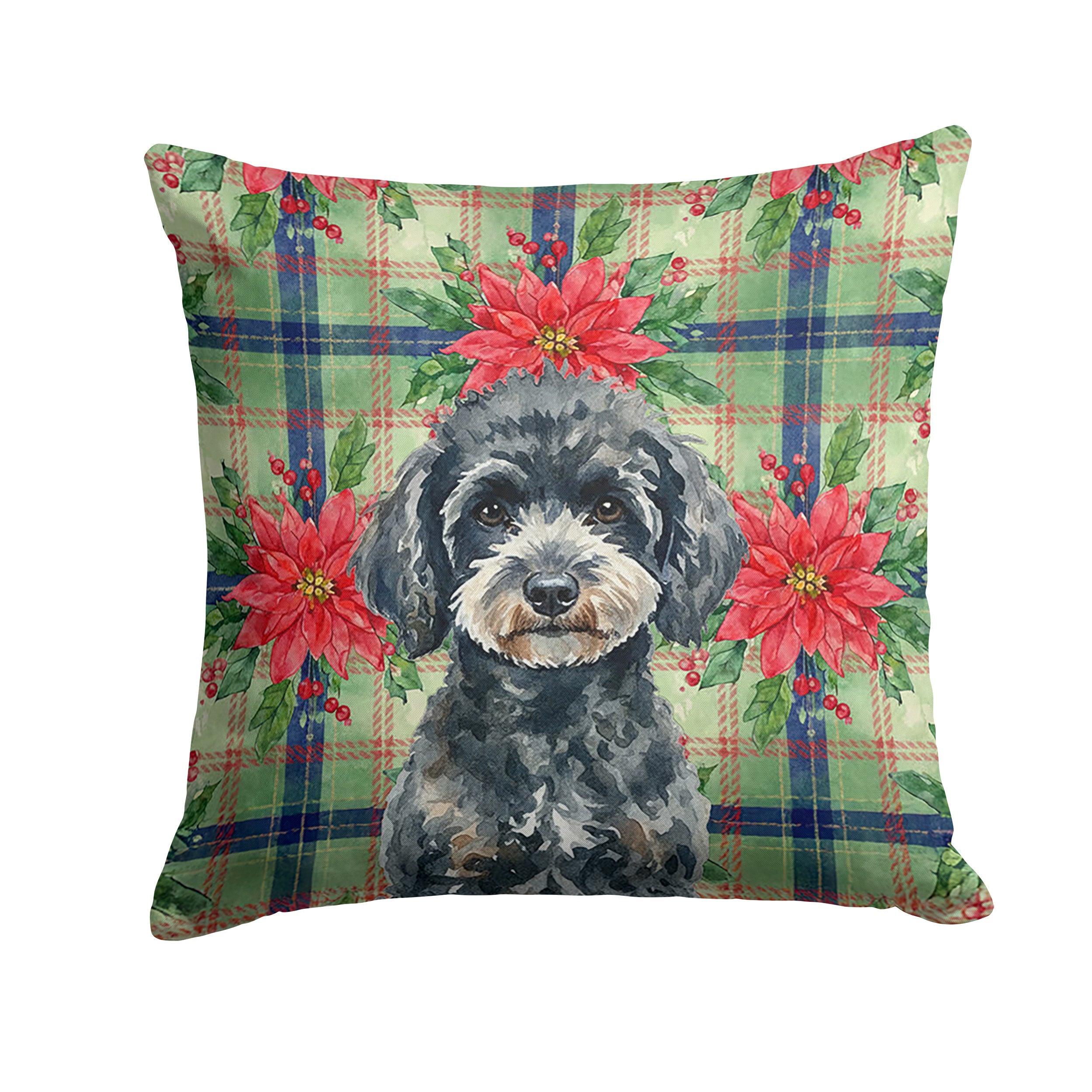 Miniature Black Poodle Christmas PoinsettIas Decorative Throw Pillow 14x14 Indoor Outdoor Accent Cushion, Fabric Cover with Insert for Sofa, Bed, Porch & Living Room