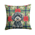 Miniature Black Poodle Christmas PoinsettIas Decorative Throw Pillow 18x18 Indoor Outdoor Accent Cushion, Fabric Cover with Insert for Sofa, Bed, Porch & Living Room