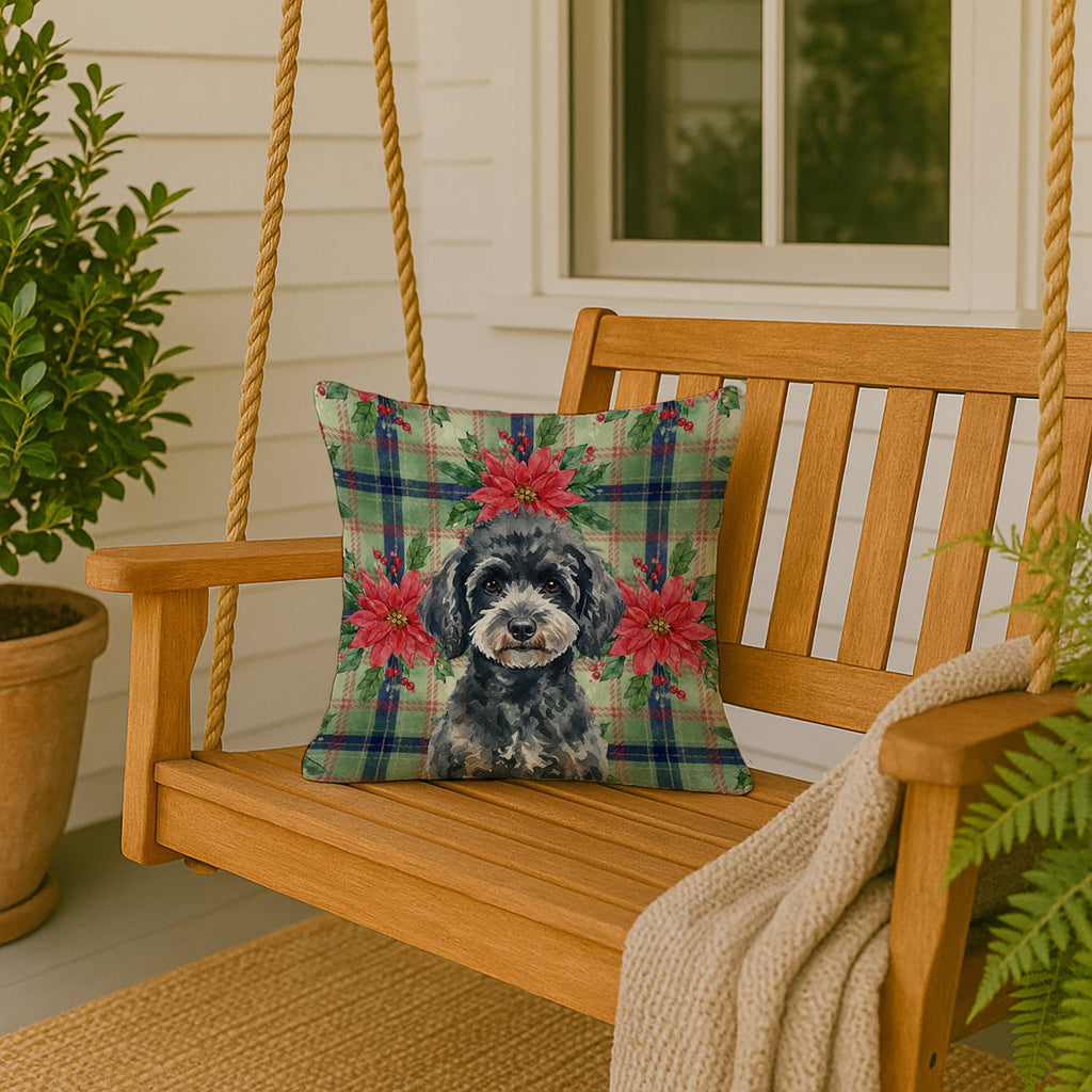 Miniature Black Poodle Christmas PoinsettIas Decorative Throw Pillow 18x18 Indoor Outdoor Accent Cushion, Fabric Cover with Insert for Sofa, Bed, Porch & Living Room