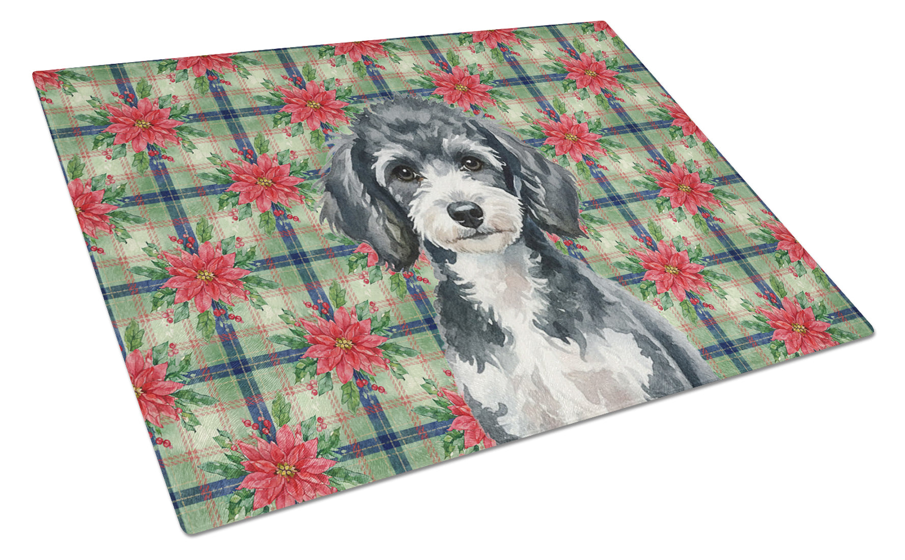Miniature Parti Poodle Christmas PoinsettIas Cutting Board Tempered Glass Kitchen Cutting Surface, Heat Resistant Chopping, Non-Slip Feet, Food Prep & Serving